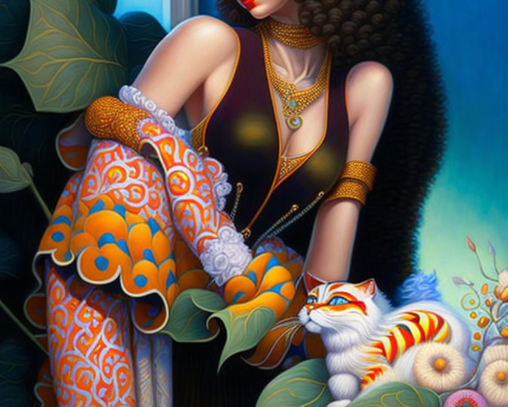 Illustrated woman in vibrant attire with gold jewelry beside a colorful cat and flora