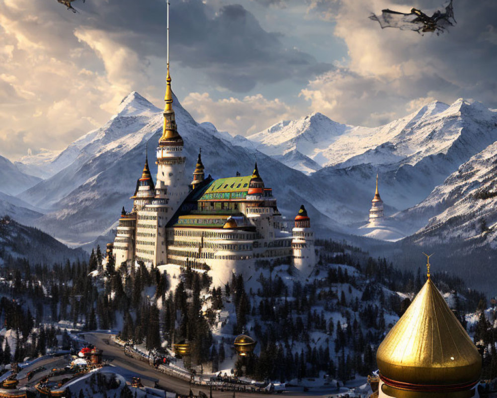 Snowy Mountain Fantasy Castle with Helicopters and Vehicles
