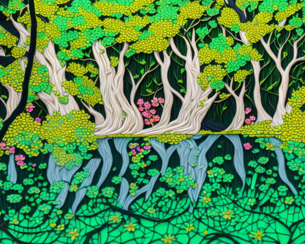 Colorful forest painting with green foliage, white tree trunks, pink flowers & blue water.