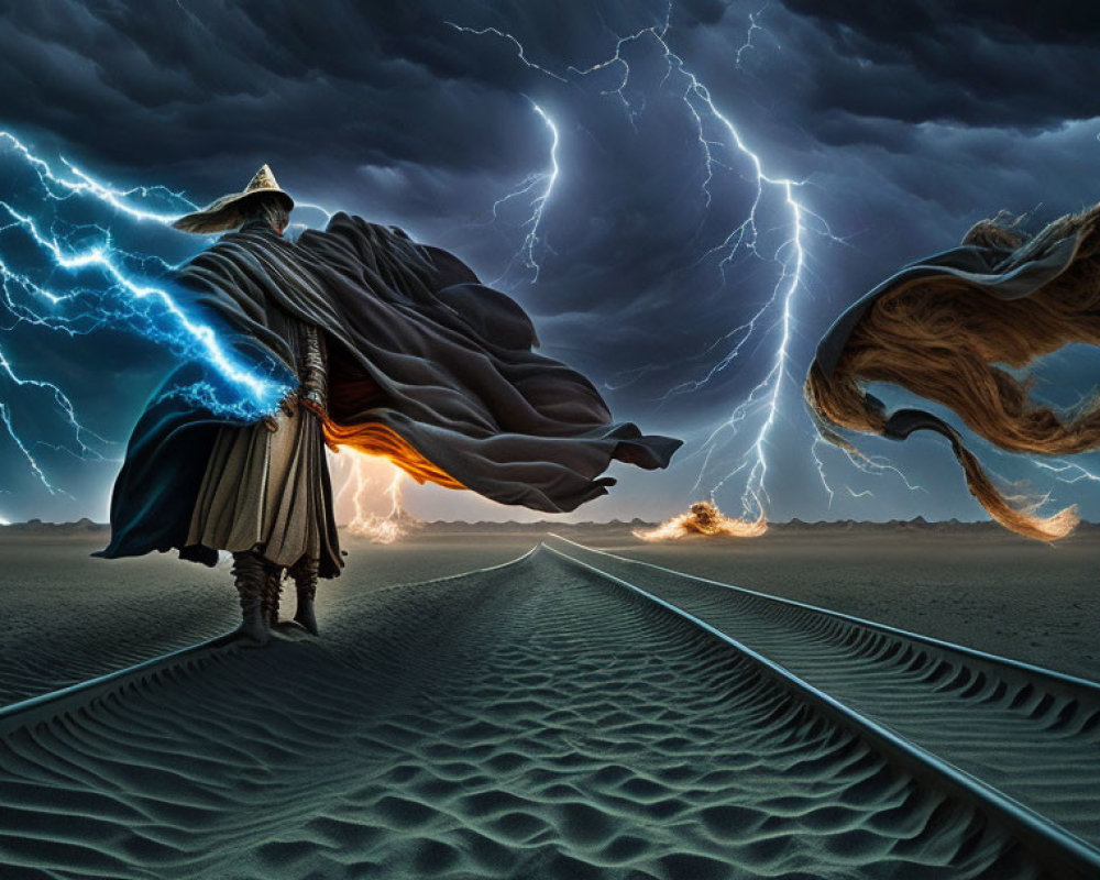 Mysterious figure on desert train tracks under stormy sky with ethereal horse