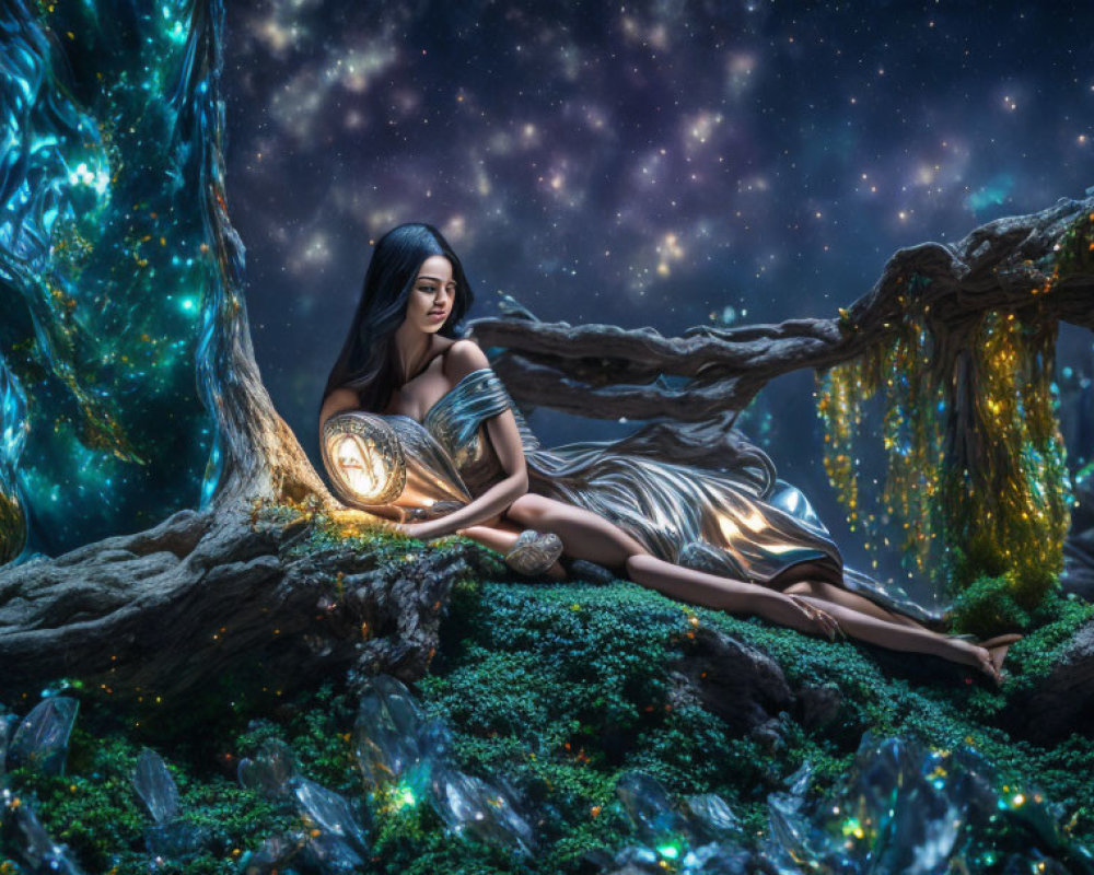 Fantasy artwork: Woman on tree in enchanted forest with glowing elements