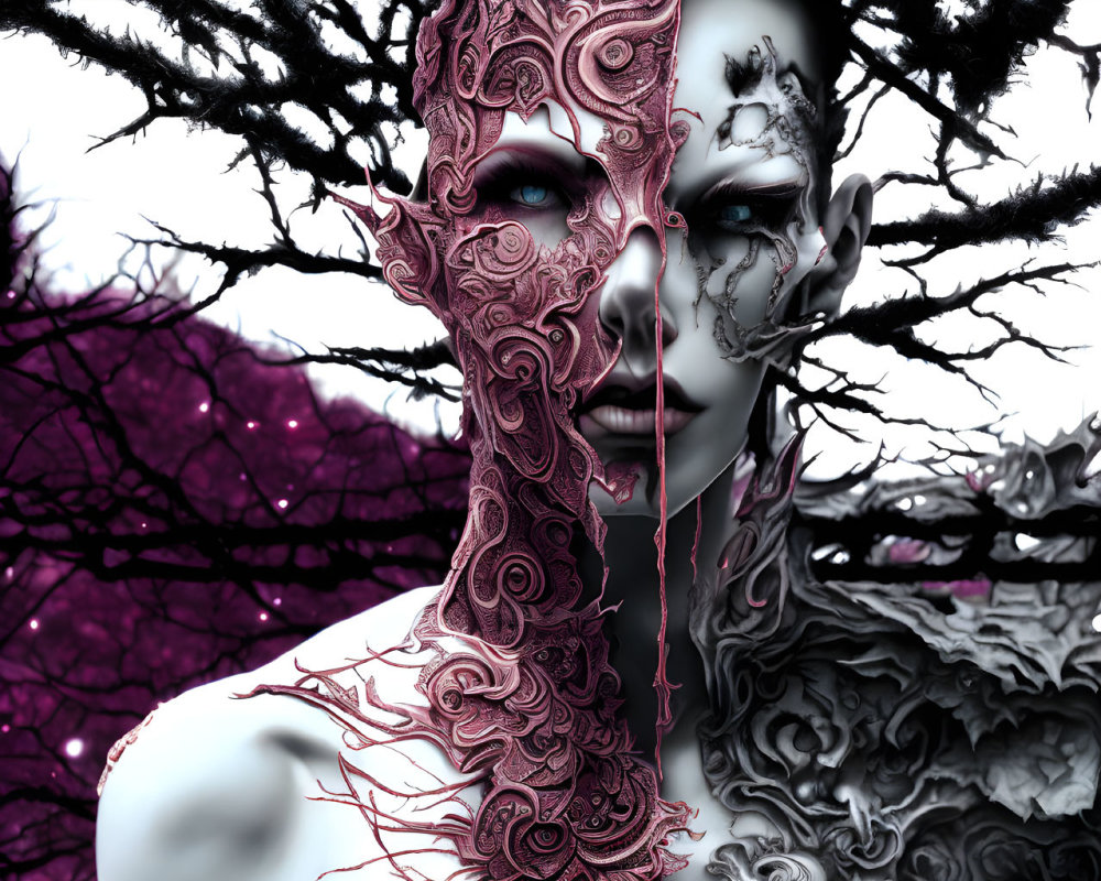 Intricate pink mask-like designs on figure against dark branches & purple sky