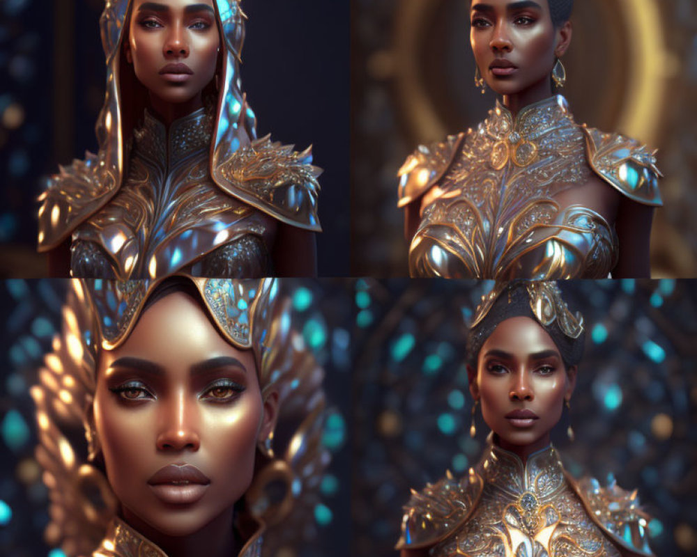 Regal Woman in Golden Armor with Blue Orbs and Halos