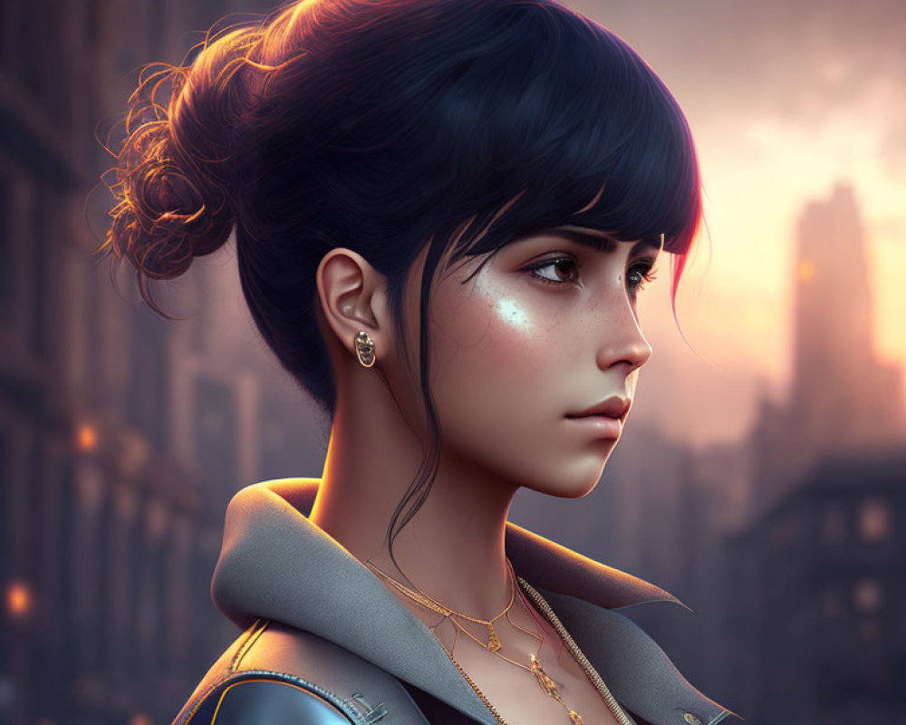 Woman with Blue Bun Hairstyle and Freckles in Gold Jewelry, City Background at Dusk