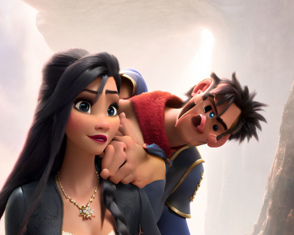 Male and female animated characters with concerned expressions in soft-focused background