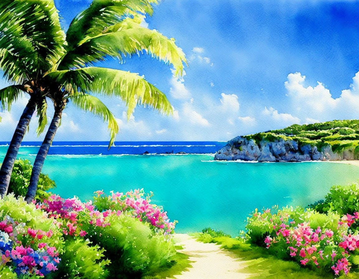 Tropical beach watercolor painting with palm trees
