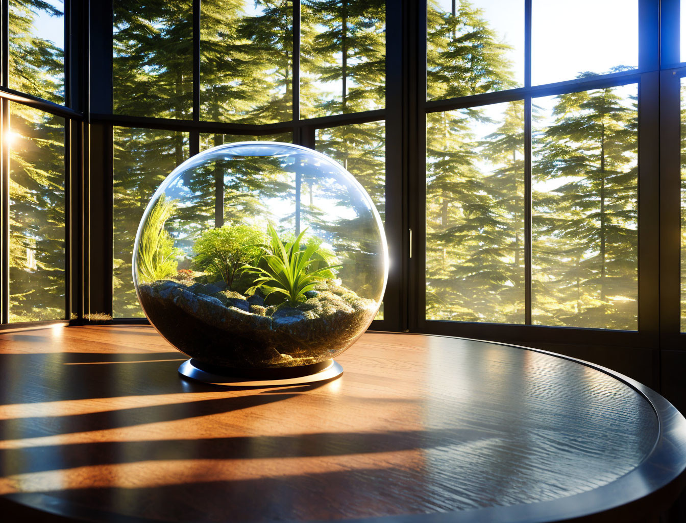 Lush Greenery Terrarium on Round Table by Sunlit Forest View