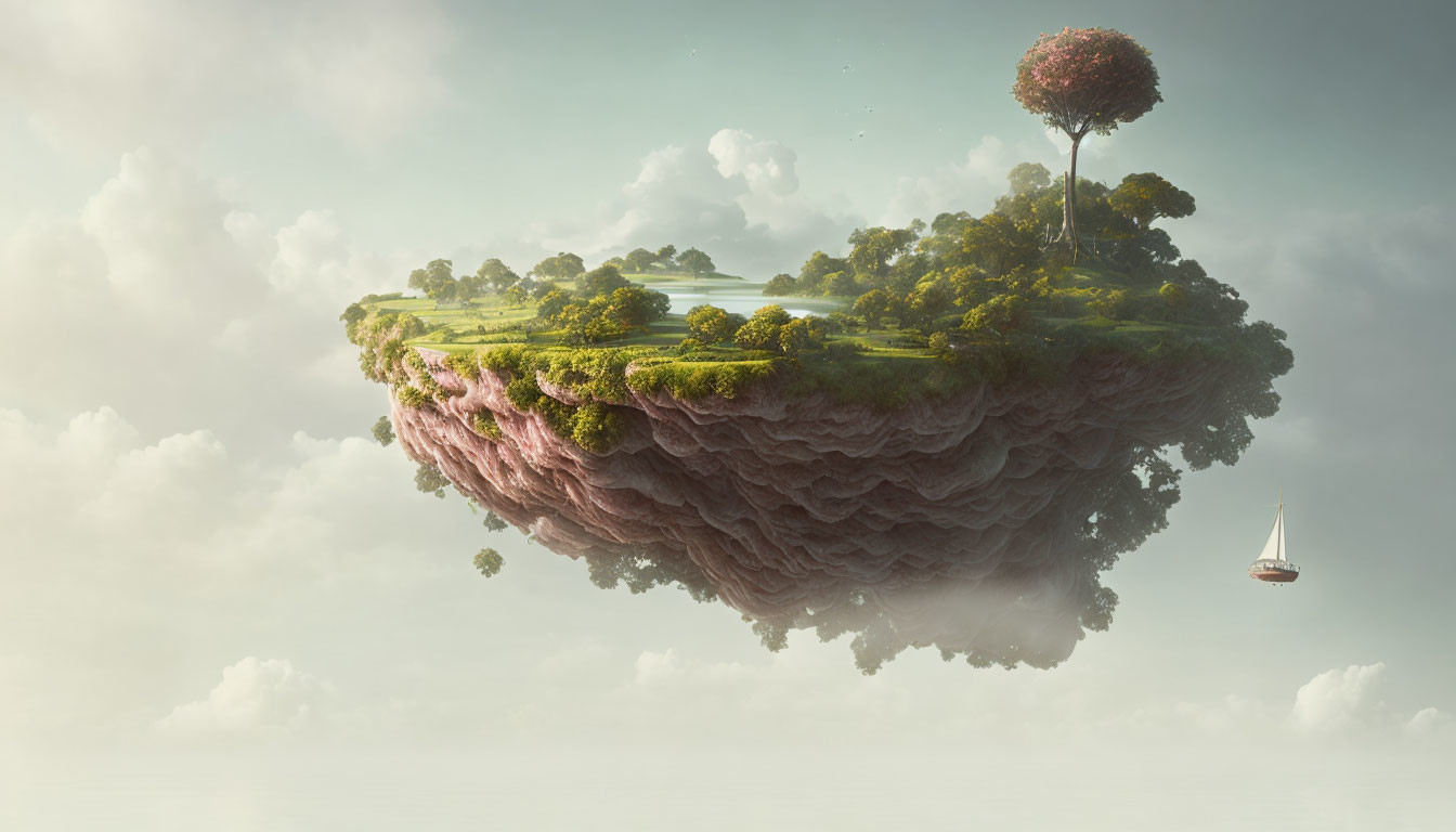 Lush greenery on floating island with single tree and hot air balloon below