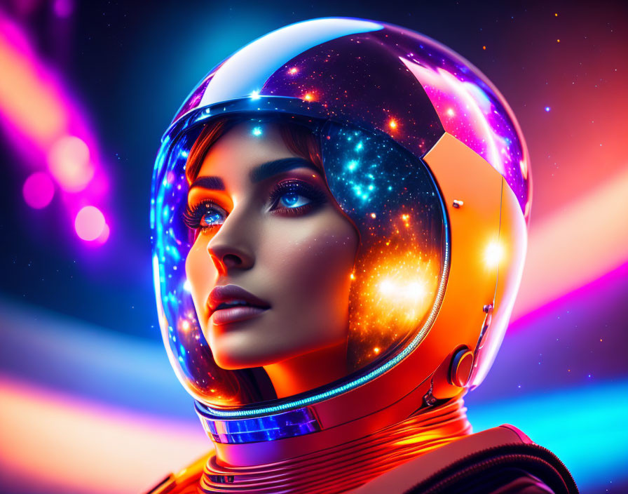 Female astronaut in futuristic suit with reflective helmet against vibrant cosmic backdrop