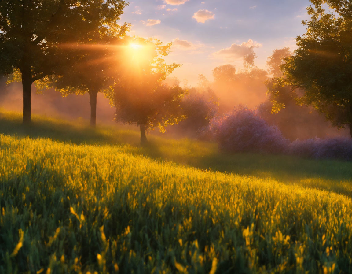 Serene meadow at sunrise with glowing grass and purple blooms