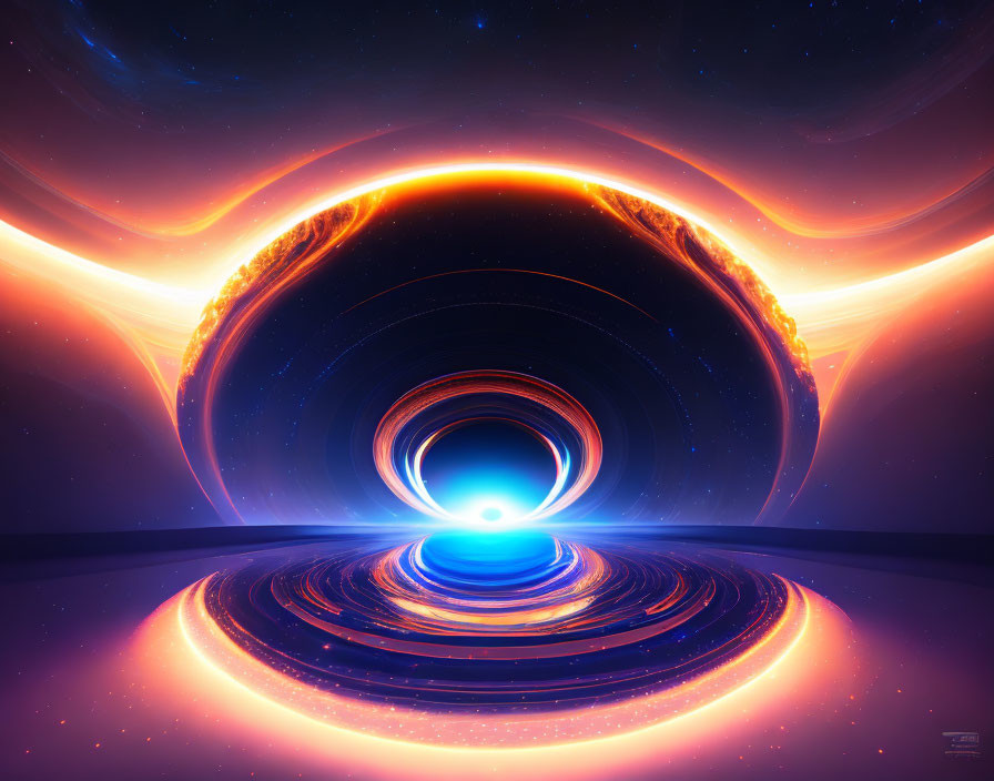 Colorful digital artwork of cosmic wormhole with blue rings and fiery orange streams in starry space.