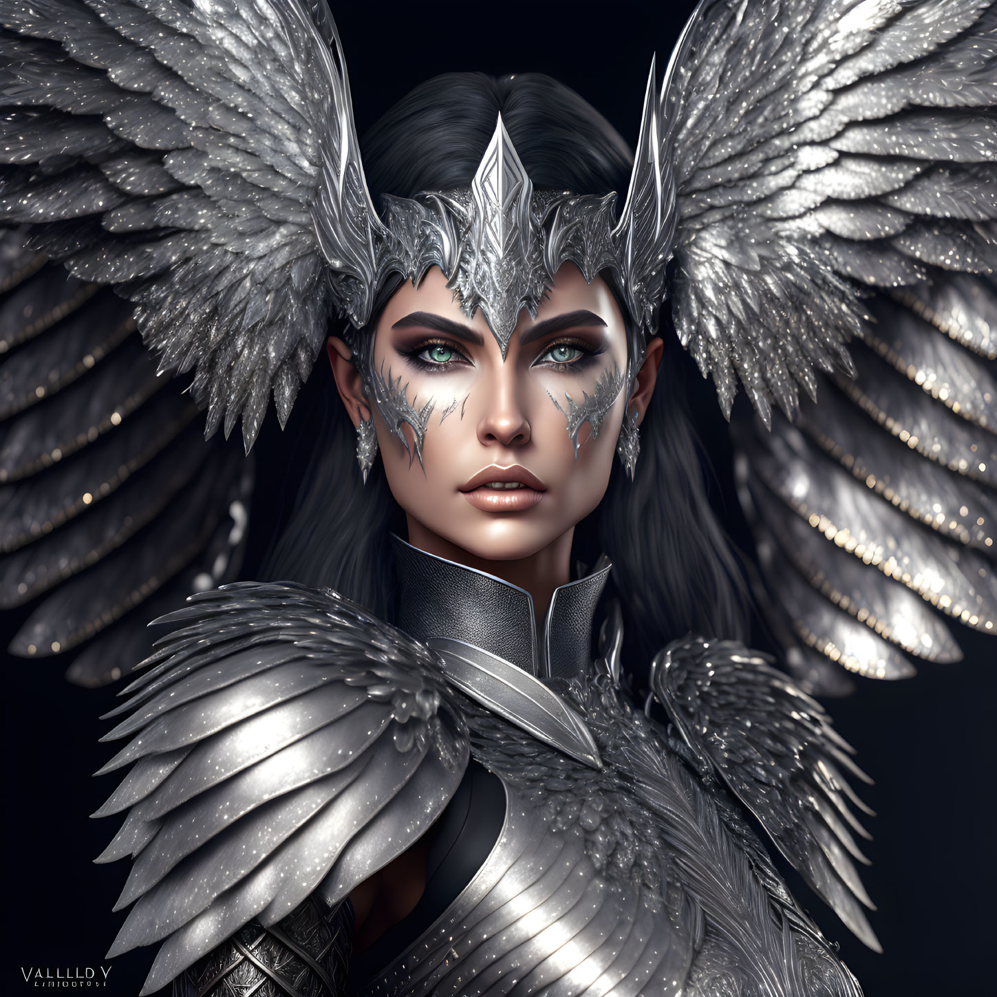 Fantasy female character with silver armor, large wings, and blue eyes on dark background