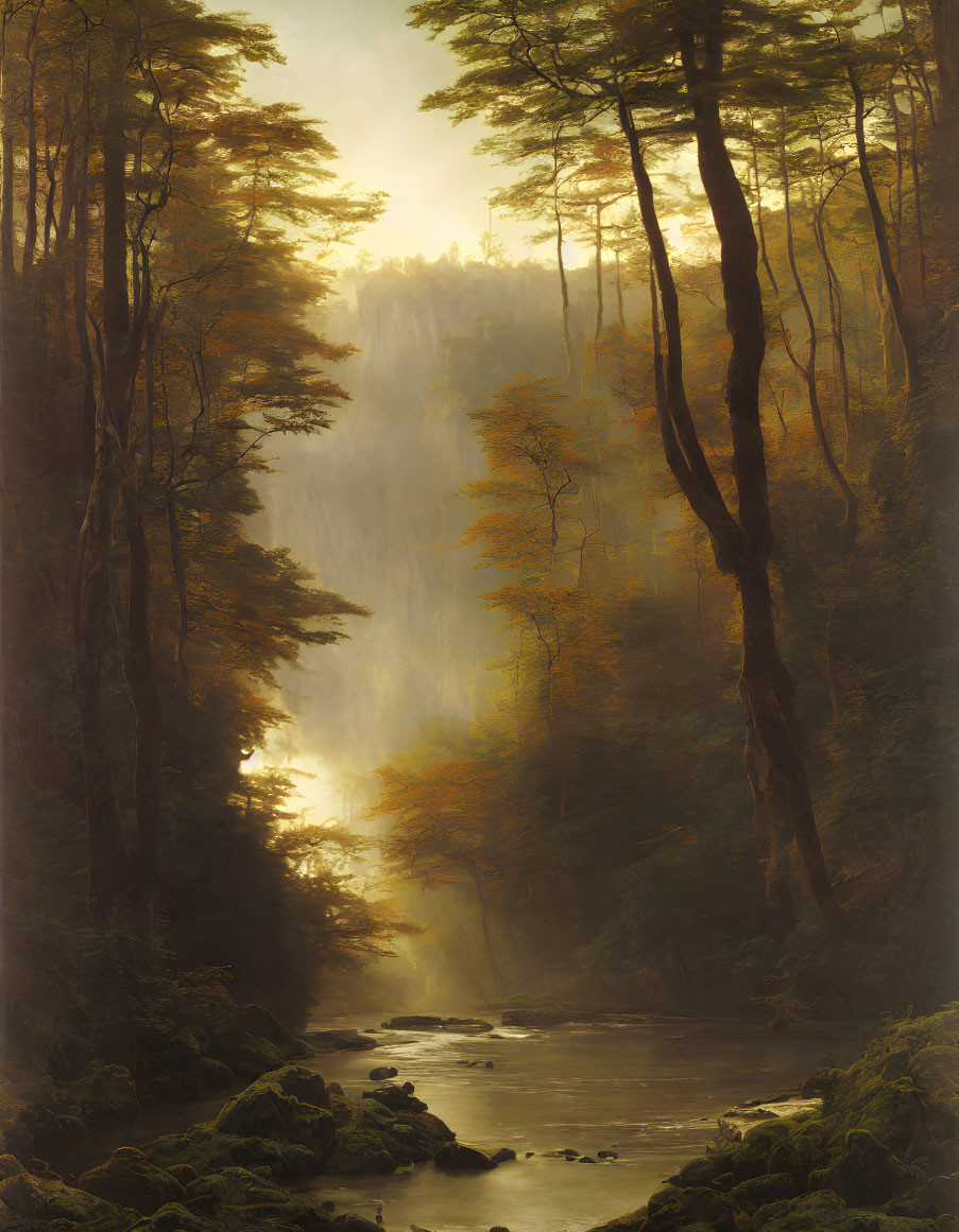 Tranquil forest river with autumn trees and distant waterfall
