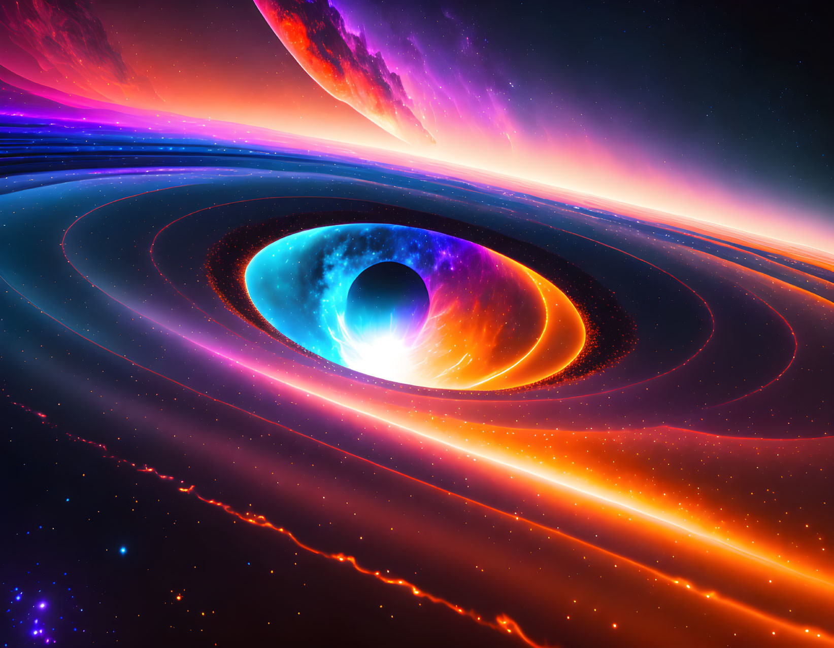 Colorful Digital Artwork: Black Hole with Accretion Disks & Nebula Background