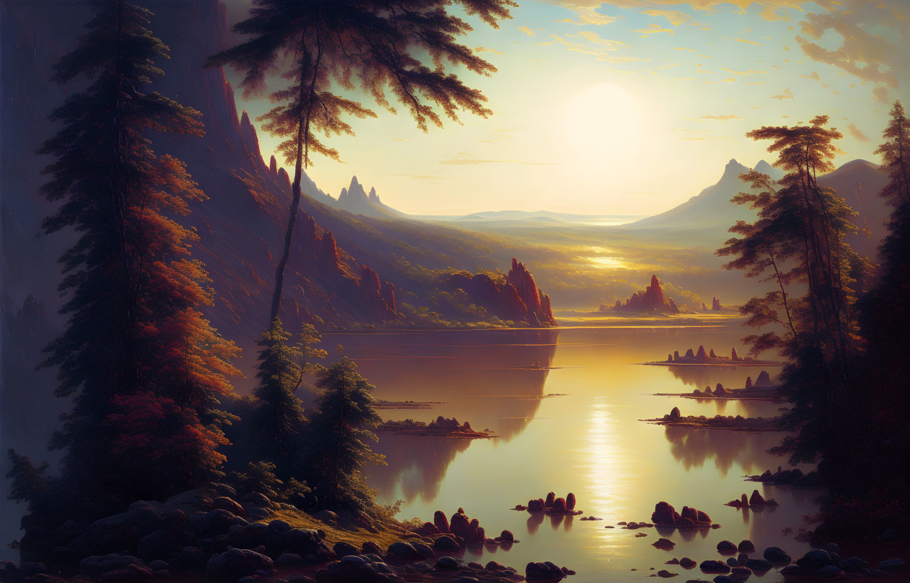 Tranquil sunrise landscape with lake, mountains, and forests