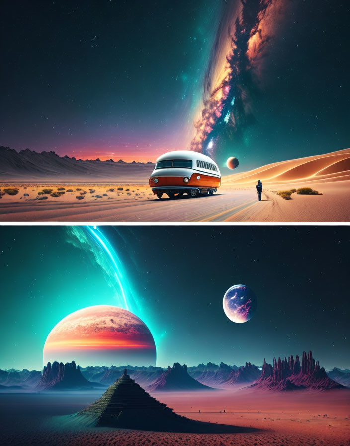 Split surreal landscapes: van and person on desert dunes under cosmic sky, ancient pyramid under starry