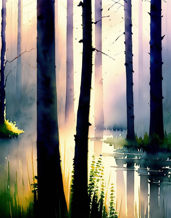 Serene forest scene with sunlight in watercolor.
