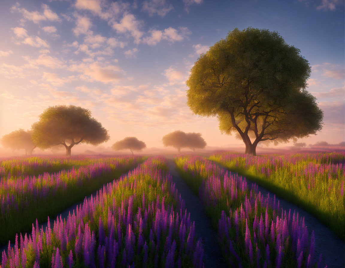 Tranquil sunrise landscape with purple flowers and green trees