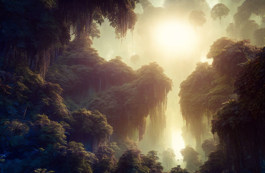 Majestic sunrise in misty forest with tall trees