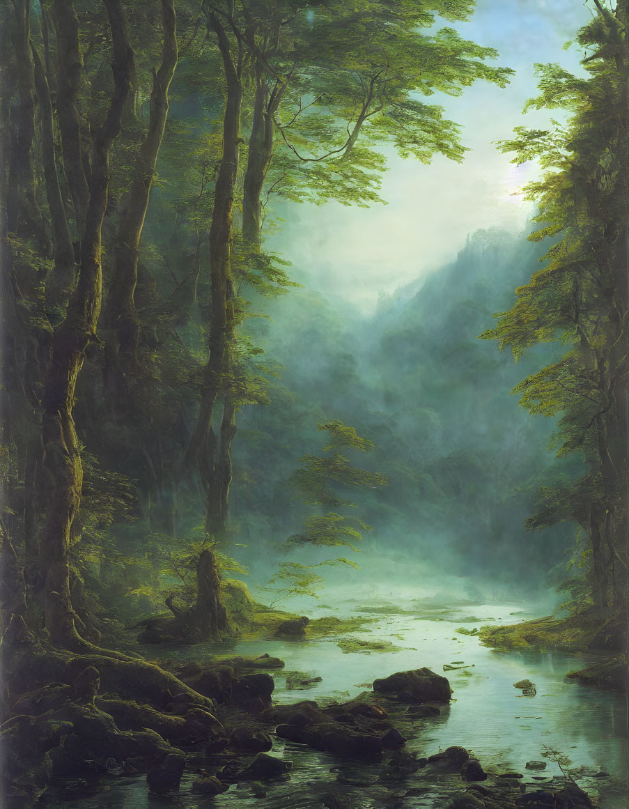 Tranquil Misty Forest Landscape with River and Tall Trees