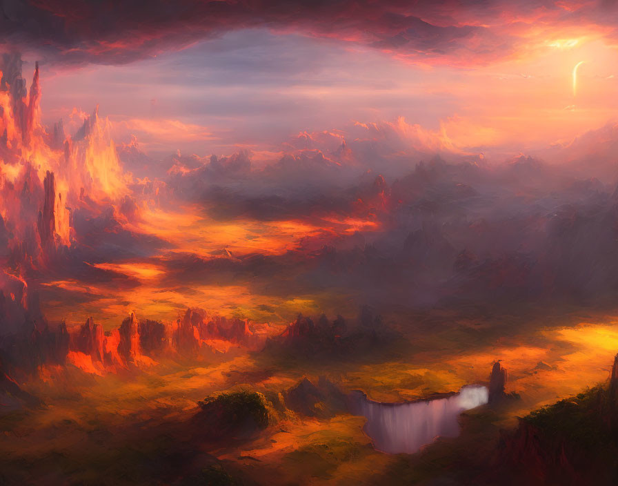 Fantasy landscape with fiery sky, red-orange cliffs, and tranquil waterfall