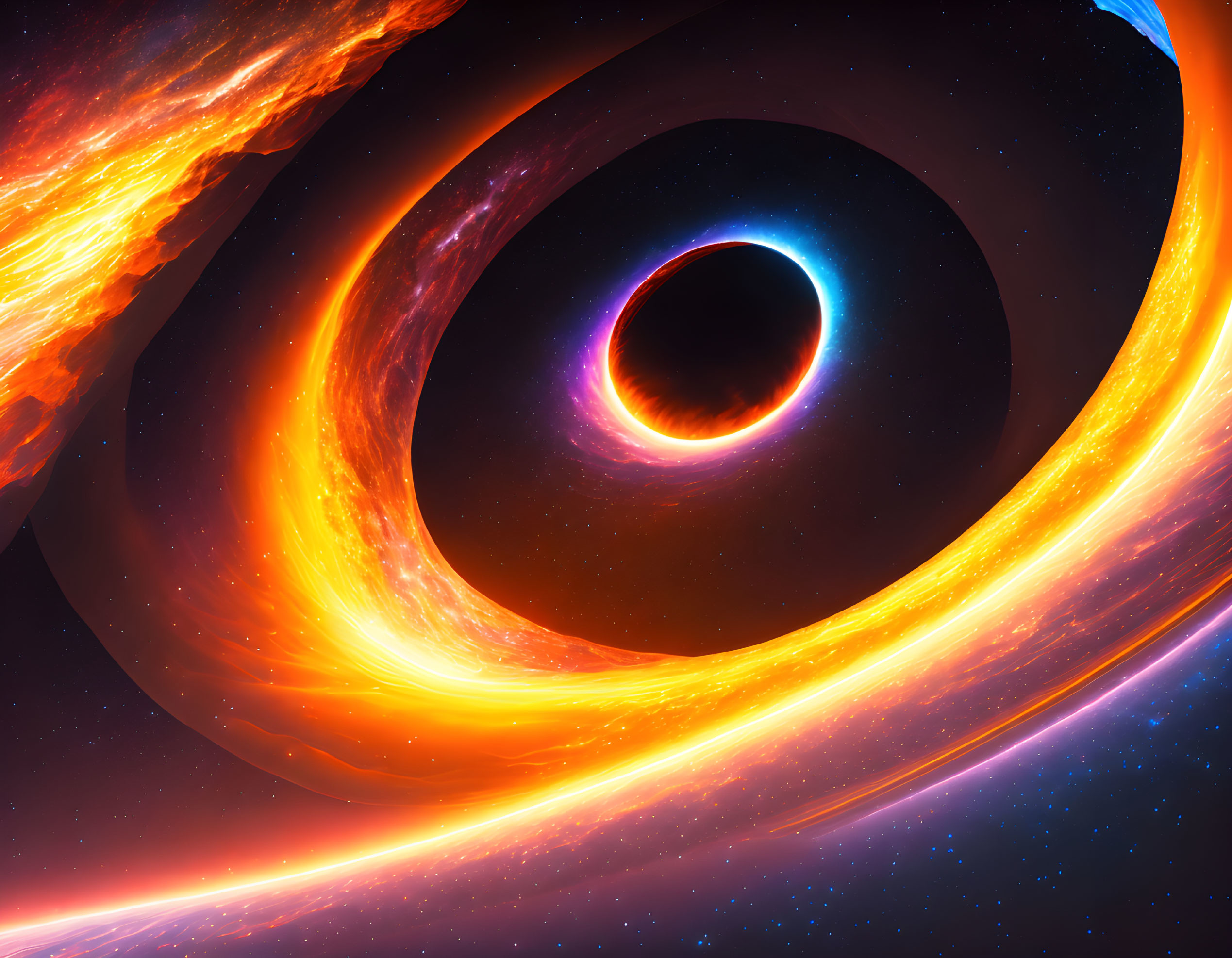 Colorful digital artwork of a black hole with swirling accretion disks in space