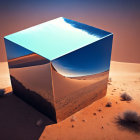 Reflective cube on sandy terrain with dunes under a clear sky.
