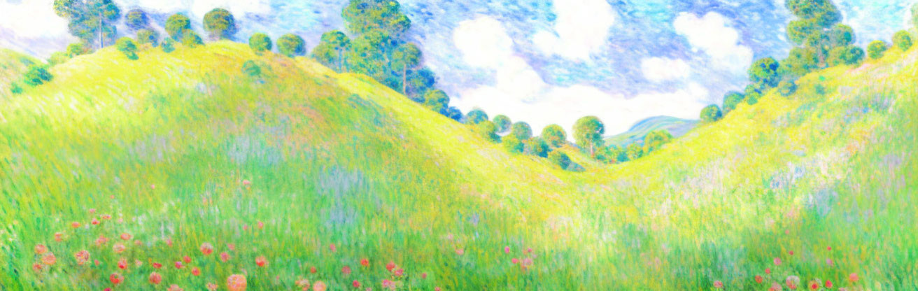 Vibrant Green Hills with Flowers and Trees in Impressionist Style