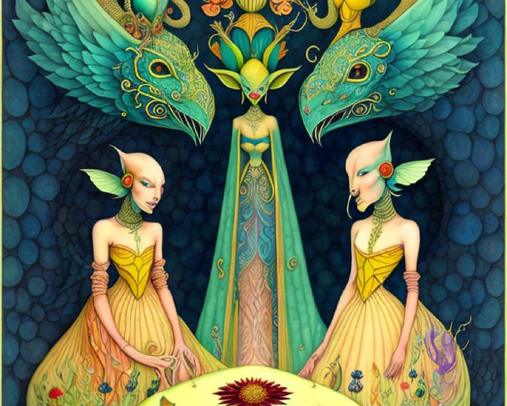 Colorful illustration of elf-like figures, mystical birds, and floral motif on cobblestone backdrop