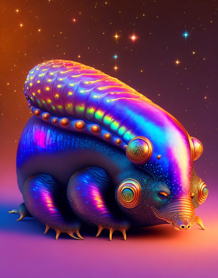 Colorful surreal digital illustration of glowing animal-like creature on starry background