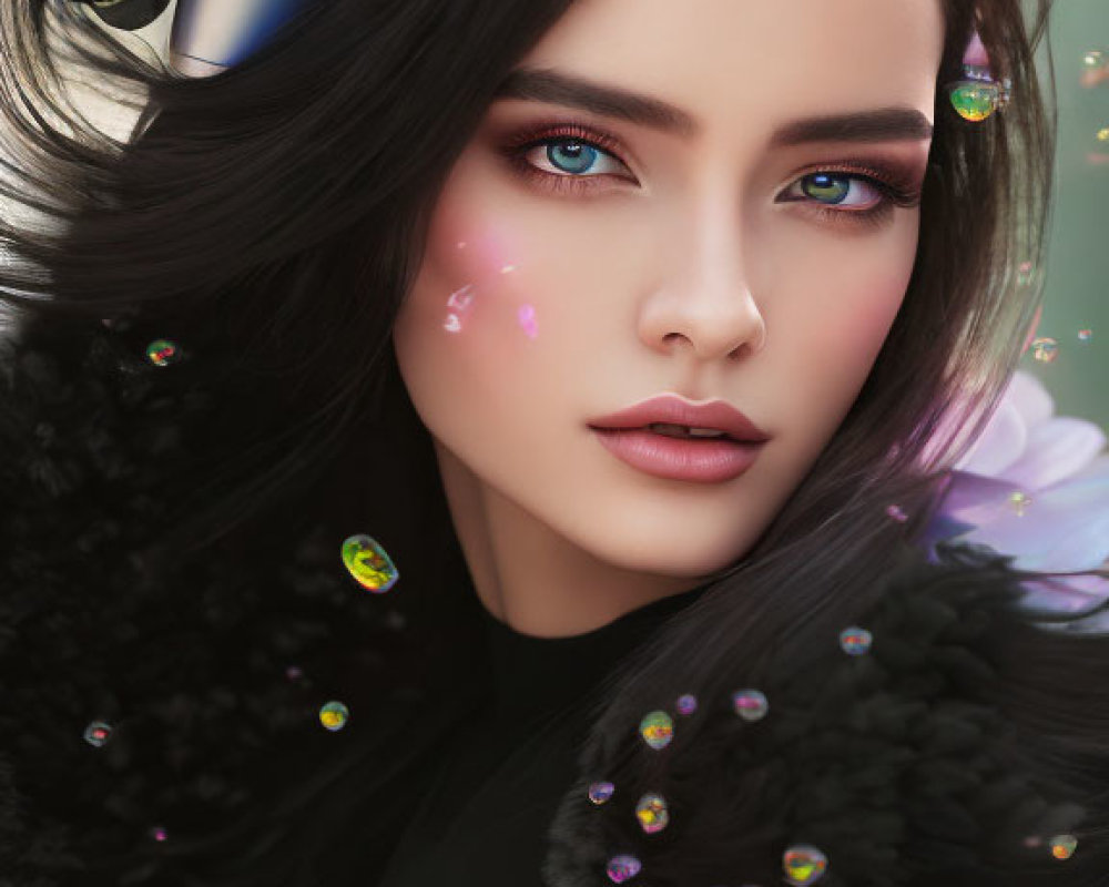 Digital artwork of woman with blue eyes, camera headpiece, bubbles, and lights