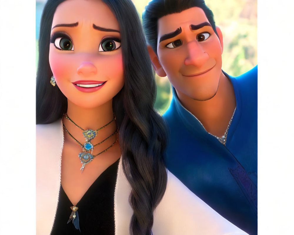 Animated characters with long black hair and confident smile standing together.