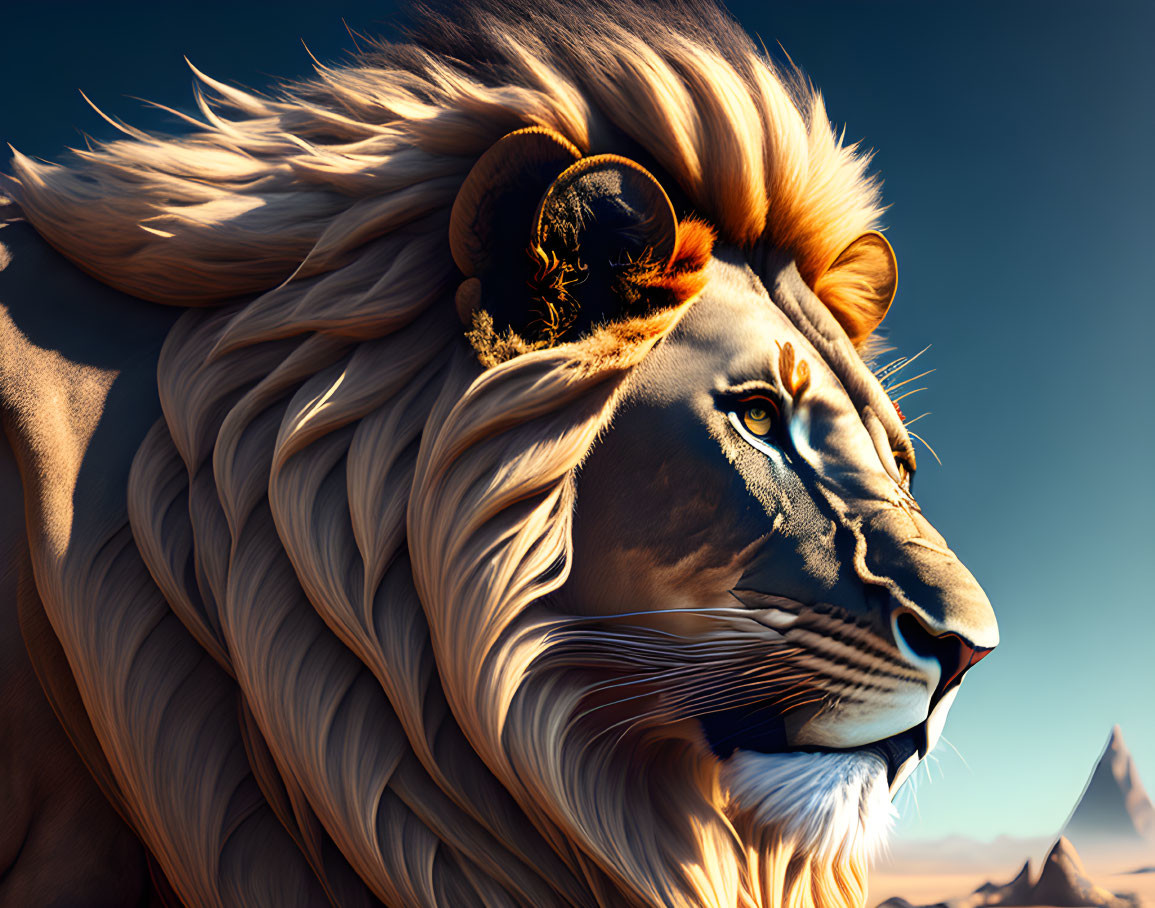 Majestic lion digital art: flowing mane, blue sky, mountains