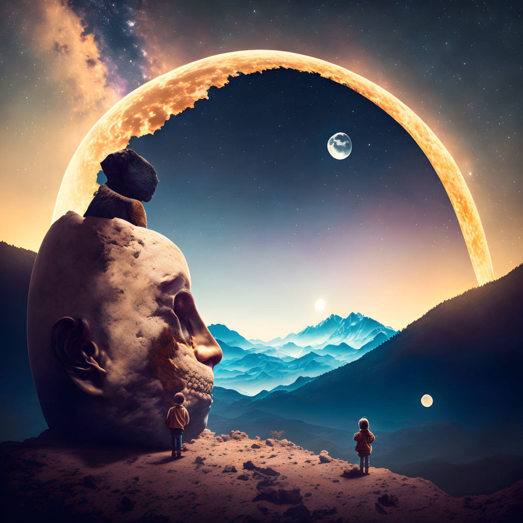 Surreal landscape with giant moonrise, colossal head statue, figure with bun, mountains, and