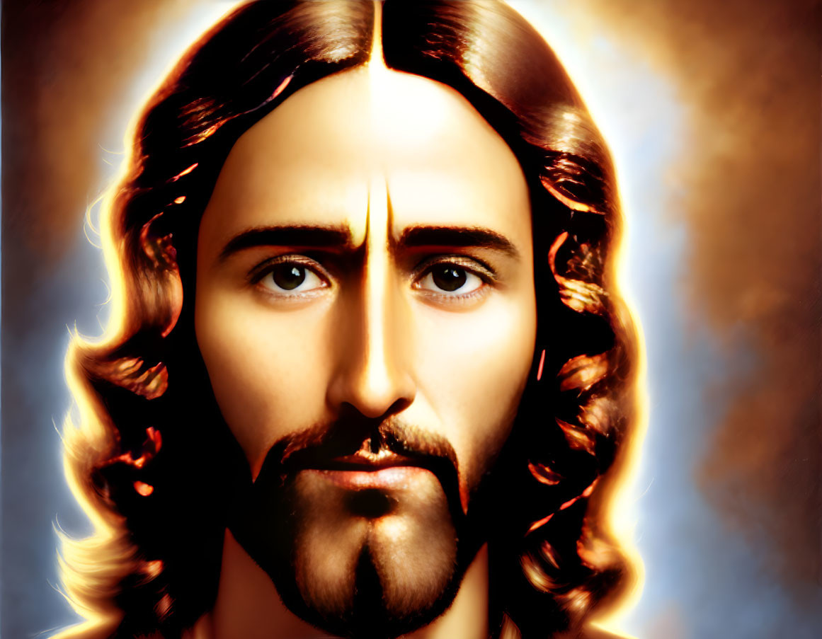 Religious painting of serene Jesus Christ with brown hair and glowing aura