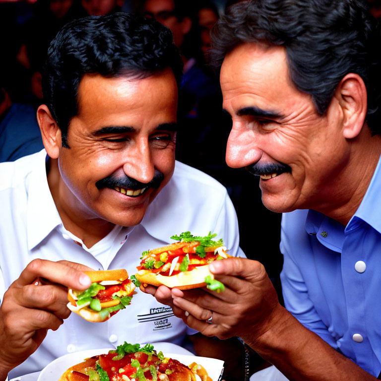 Men smiling while holding and preparing hot dogs with toppings