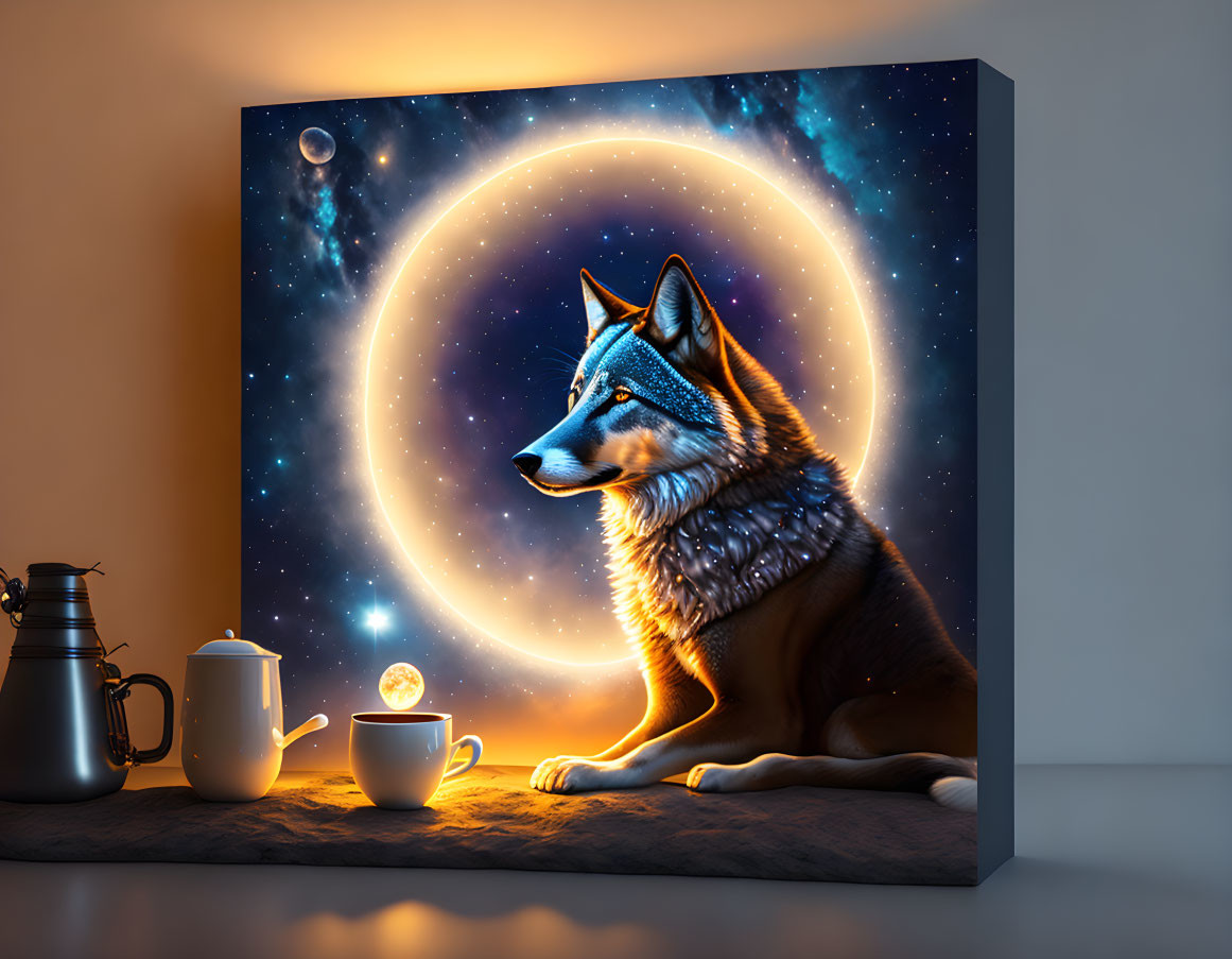 Canvas Art: Wolf with Luminous Ring, Stars, Teapot, Cup, and Lantern Shelf
