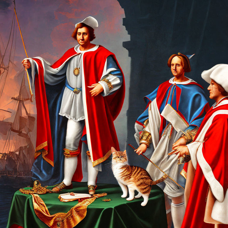 Historical painting with four figures, flag, cat on table, and ship in background