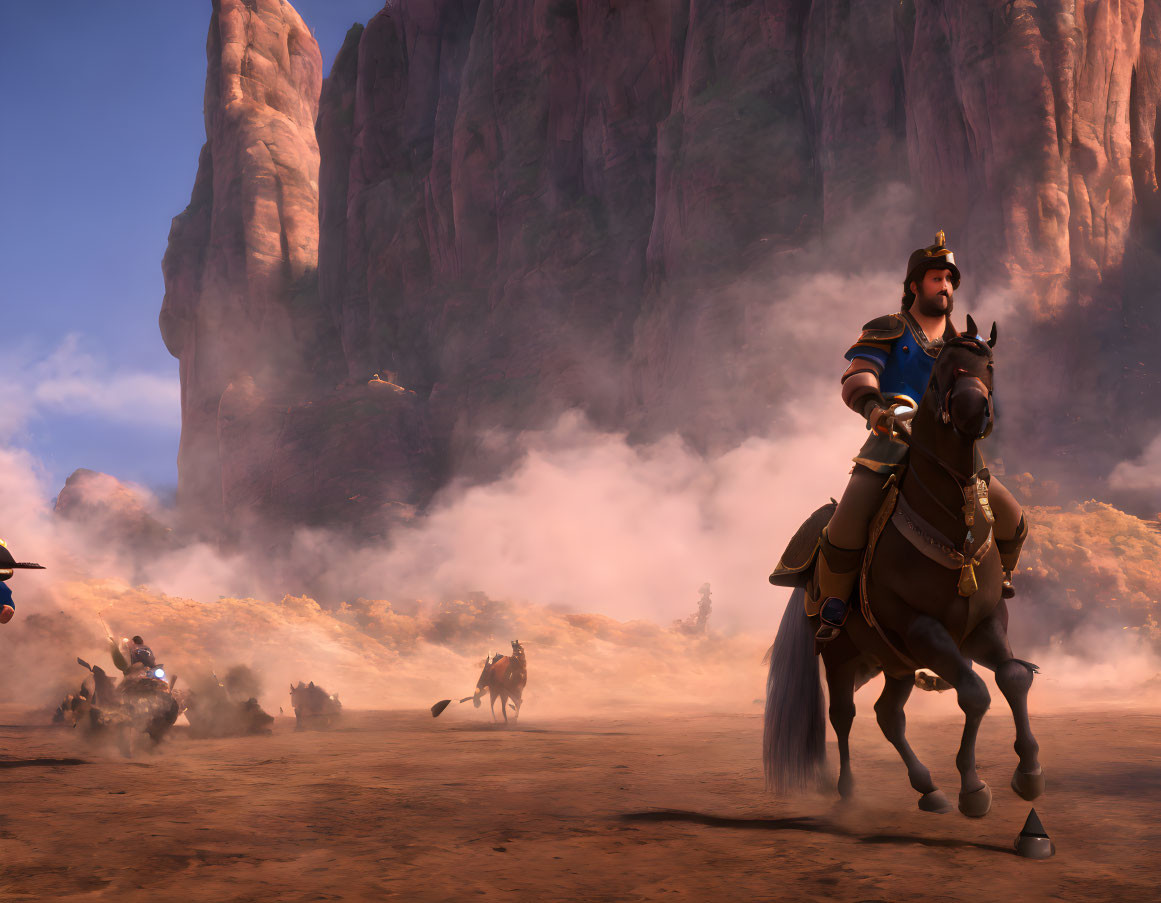 Digital image: Knights on horseback in desert with red cliffs