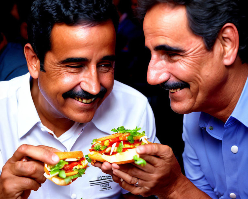 Men smiling while holding and preparing hot dogs with toppings