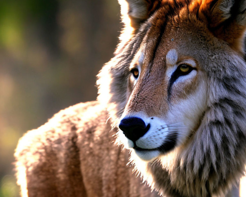 Detailed Close-Up of Wolf with Soft Gaze Backlit in Natural Golden Hour Setting
