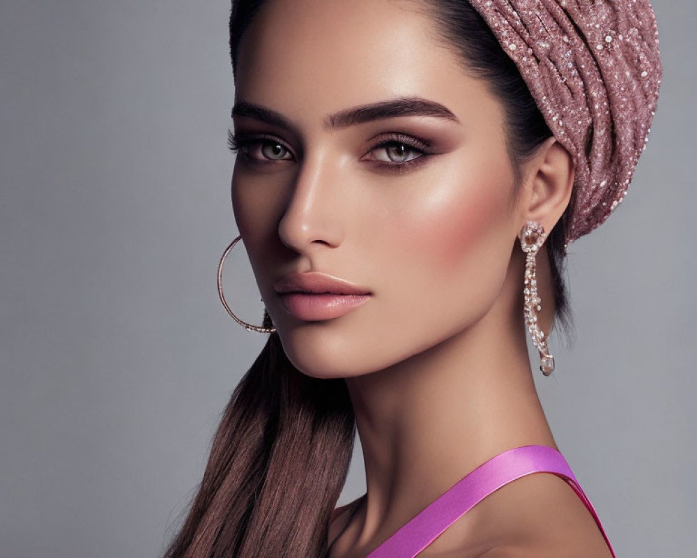 Professional makeup woman with pink headscarf and hoop earrings gazes at camera