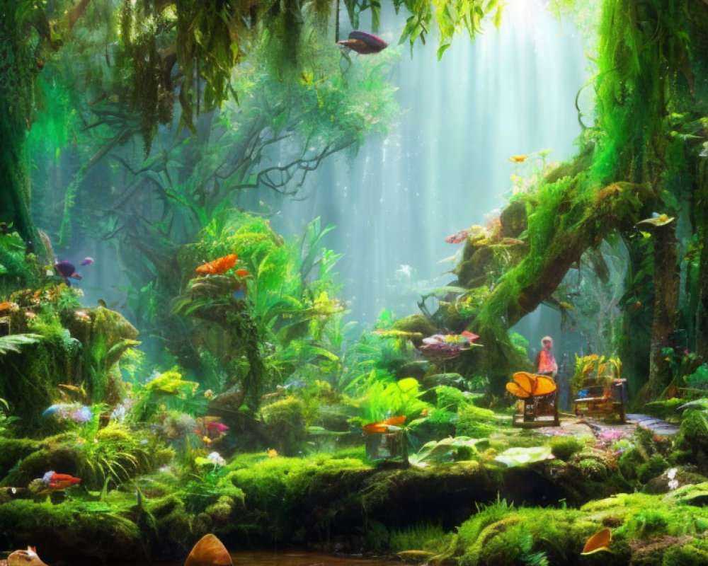 Mystical forest with greenery, stream, sunlight, vibrant flora, and figure
