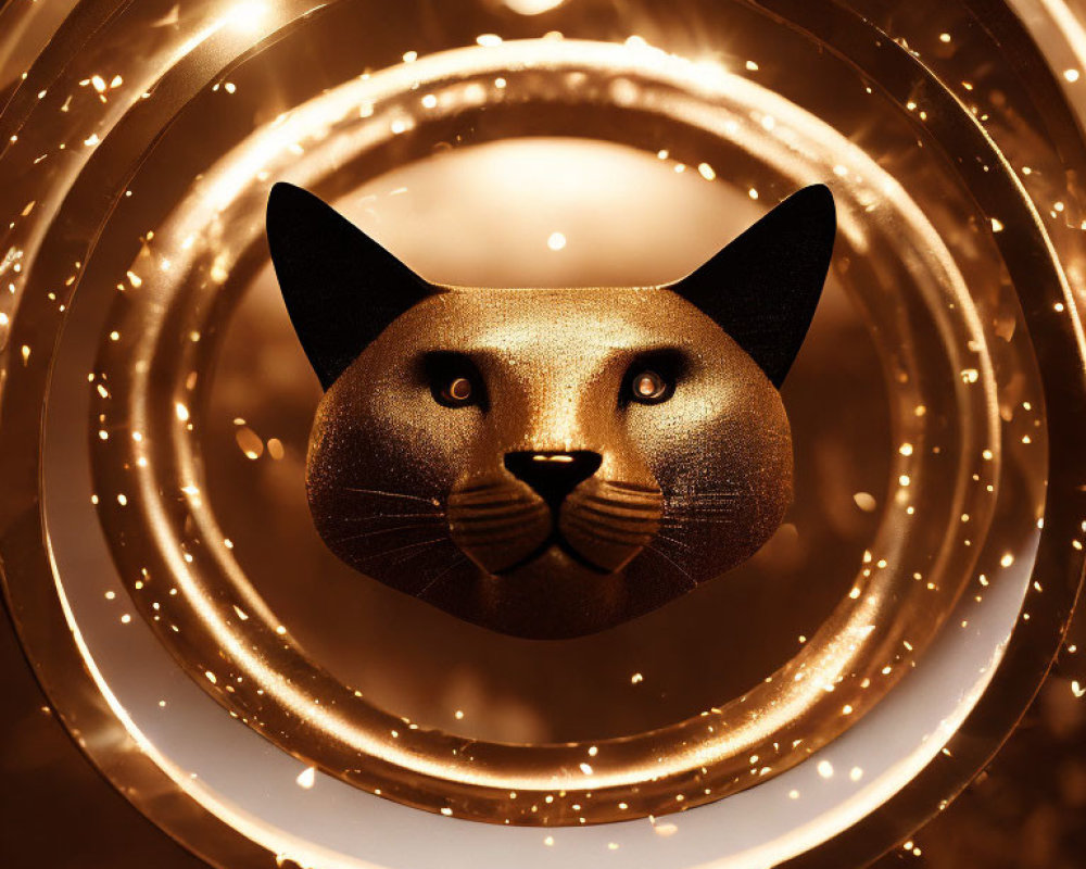 Golden Cat Face in Glowing Circles on Warm Background