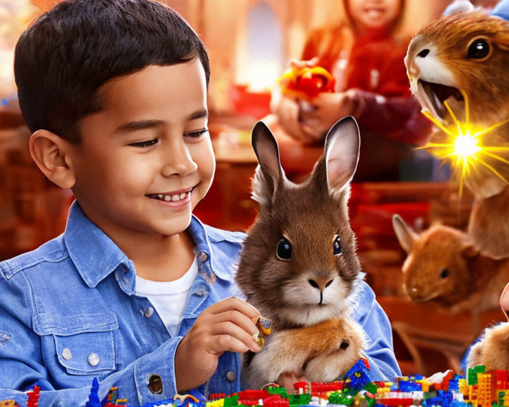 Smiling boy playing with colorful building blocks and animated rabbits in warm indoor scene