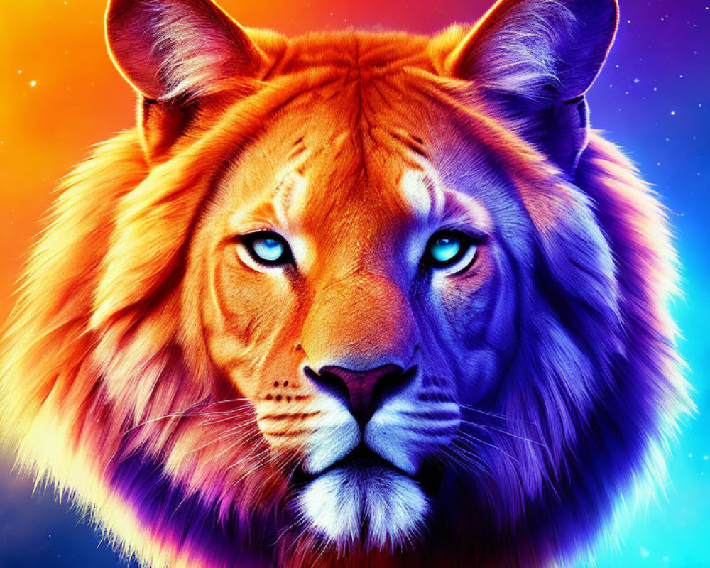 Colorful Lion's Face Artwork with Cosmic Background in Blue, Purple, and Orange Hues