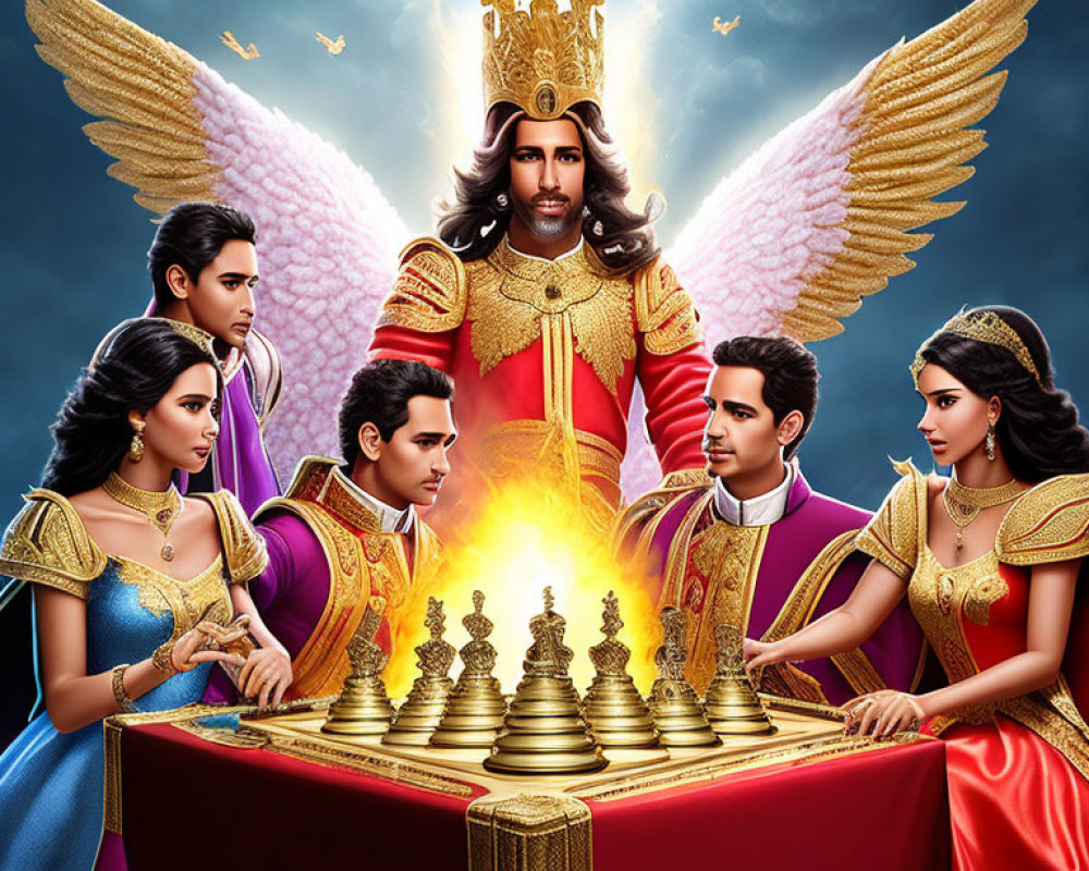 Fantasy characters on poster: winged figure, chessboard, regal individuals, dramatic sky