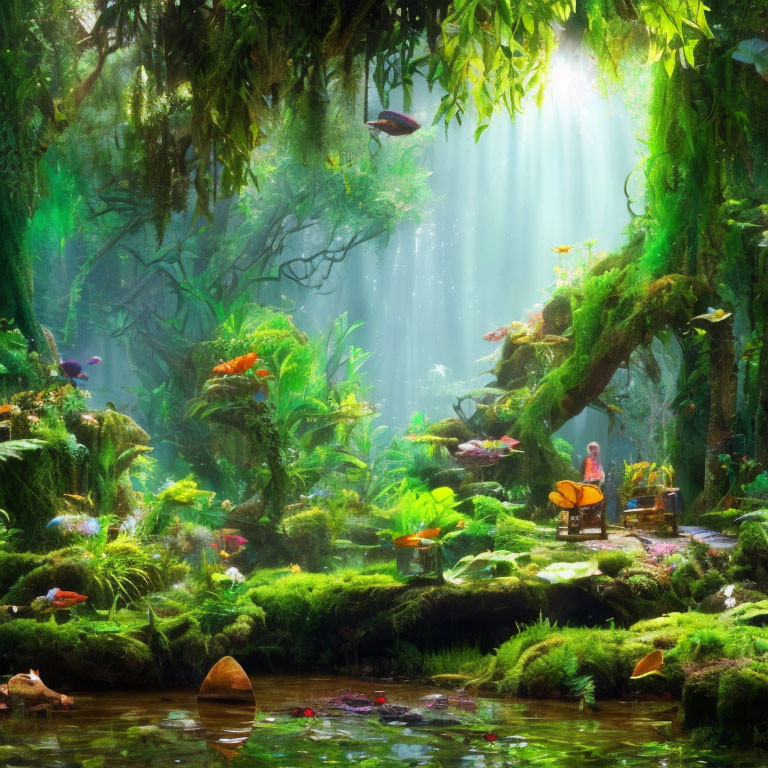 Mystical forest with greenery, stream, sunlight, vibrant flora, and figure