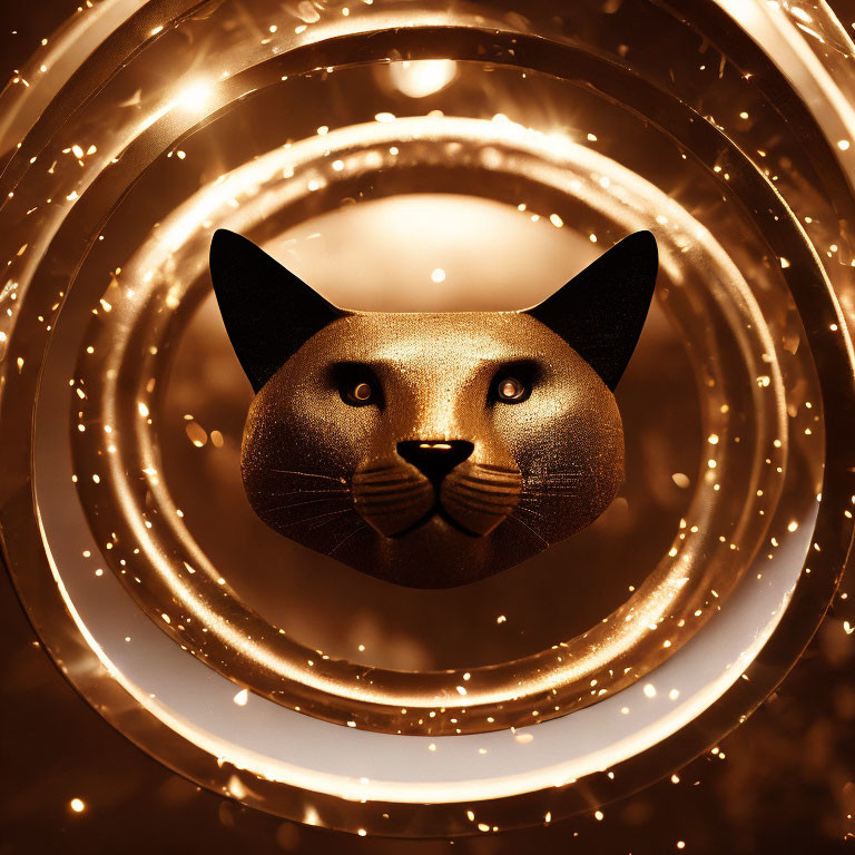 Golden Cat Face in Glowing Circles on Warm Background