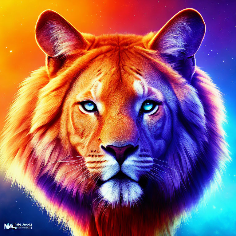 Colorful Lion's Face Artwork with Cosmic Background in Blue, Purple, and Orange Hues